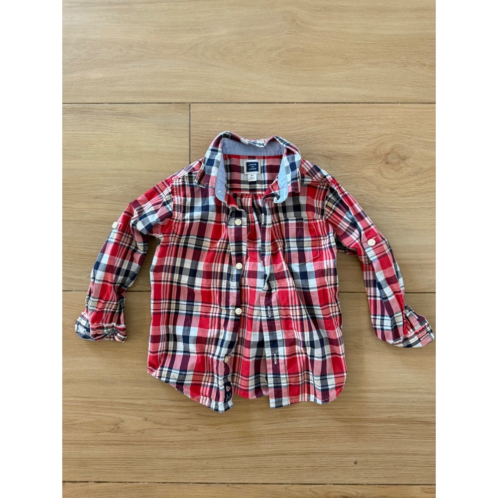 Janie‎ and Jack Boys Red Navy Blue Plaid Button Down Long Sleeve Shirt 2T